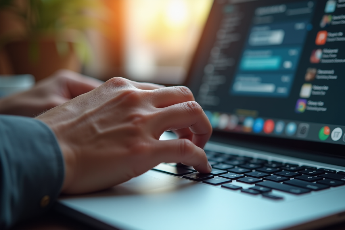Main tapant sur un clavier de laptop avec notification de mise à jour