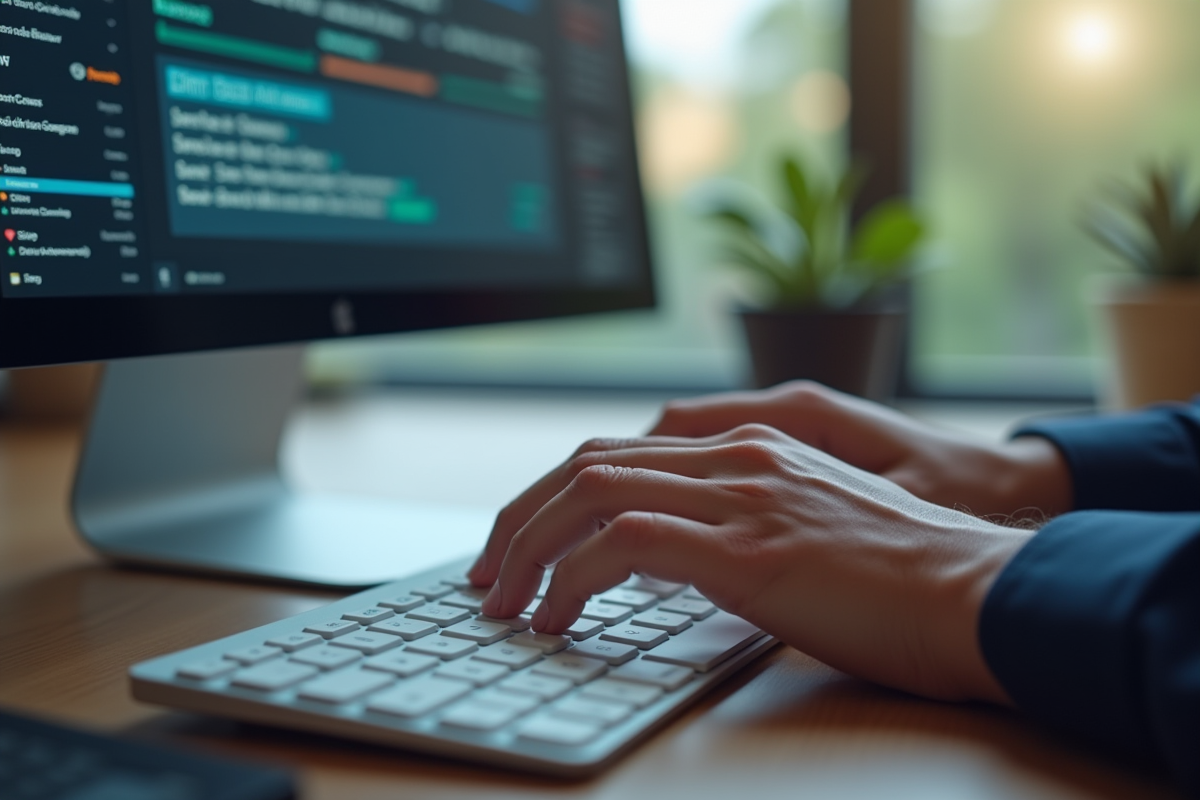 Mains tapant sur un clavier blanc avec une interface email ouverte à l