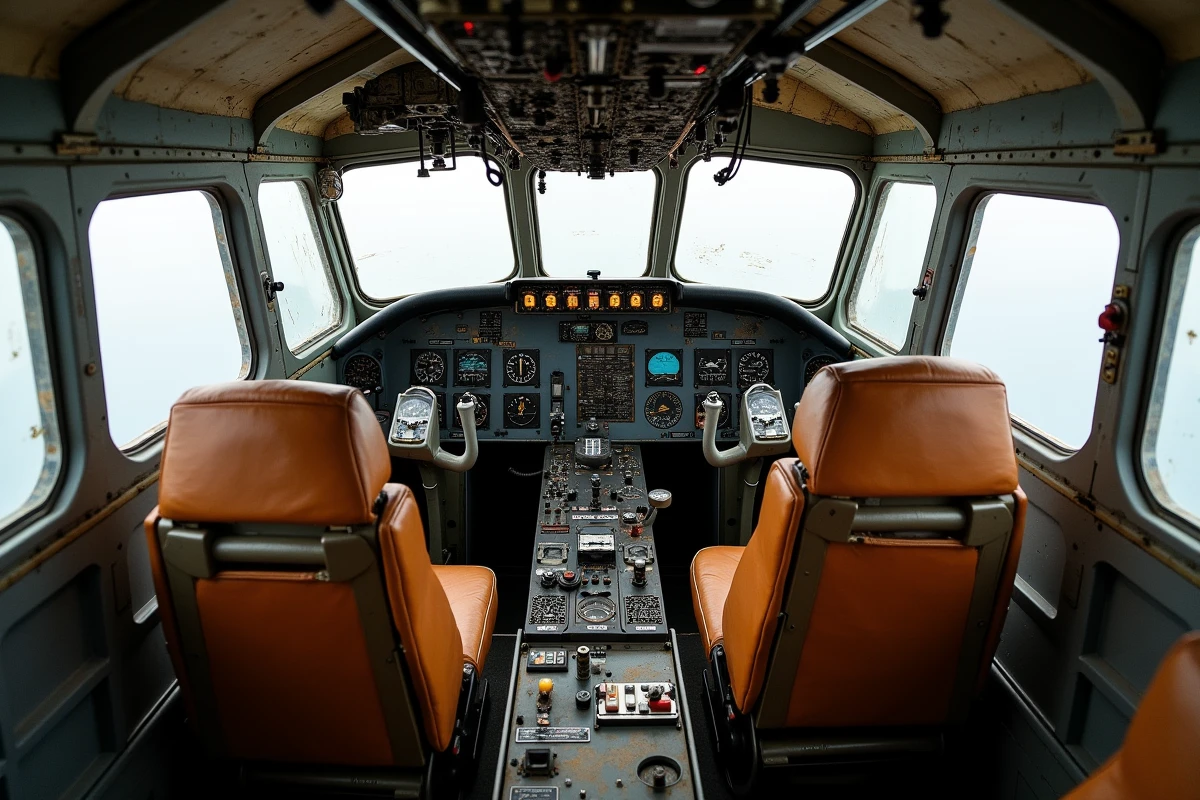 Intérieur du cockpit authentique d'un Boeing B-17F avec tableau de bord analogique, sièges pilotes en cuir usé et commandes originales de la Seconde Guerre mondiale