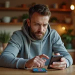 Homme utilisant un smartphone pour entrer un code récompense dans le jeu Monopoly GO à la maison