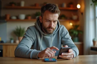 Homme utilisant un smartphone pour entrer un code récompense dans le jeu Monopoly GO à la maison