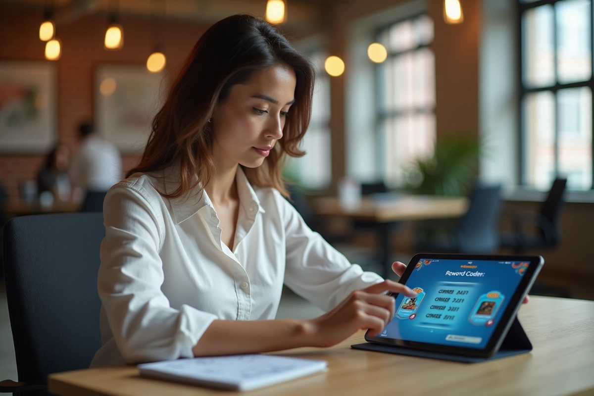 Femme notant des codes récompenses Monopoly GO sur un carnet dans un espace de coworking