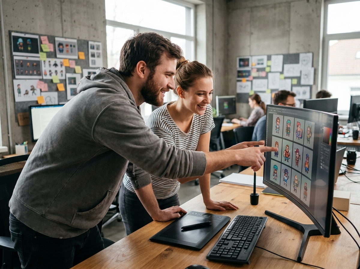 Deux jeunes créateurs de jeux vidéo indépendants collaborant devant un écran affichant des sprites en pixel art dans un espace de co-working créatif