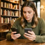 Femme comparant deux smartphones dans un café parisien, illustrant la différence entre premier téléphone intelligent et smartphone récent