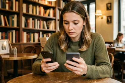 Femme comparant deux smartphones dans un café parisien, illustrant la différence entre premier téléphone intelligent et smartphone récent