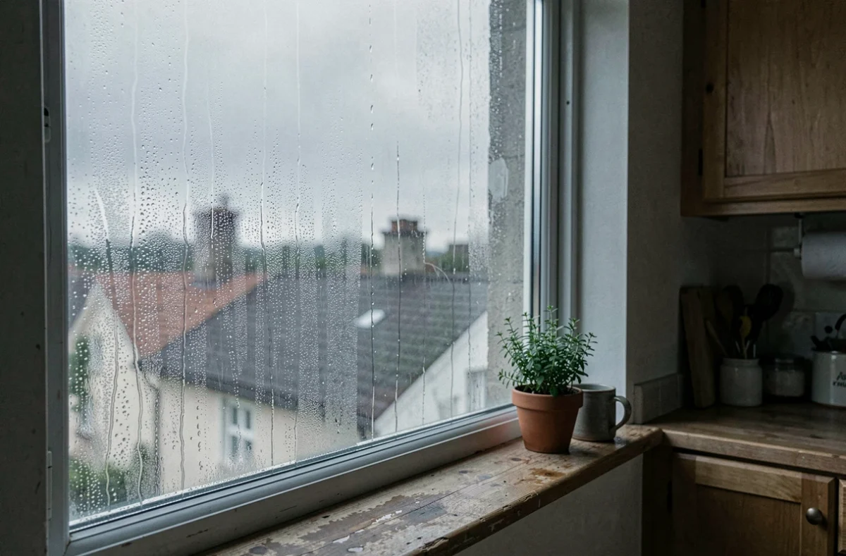 Fenêtre de cuisine couverte de condensation avec des ruisselets d'eau sur le verre, illustrant le cycle de l'eau et la vapeur dans un intérieur domestique