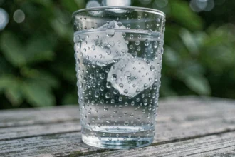 Gouttelettes de condensation sur un verre d'eau froide posé sur une table en bois, illustrant le phénomène de condensation de la vapeur d'eau