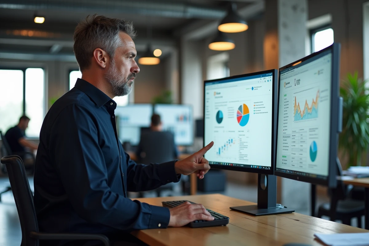 Homme consultant une plateforme de données commerciales sur grand écran dans un bureau en open space