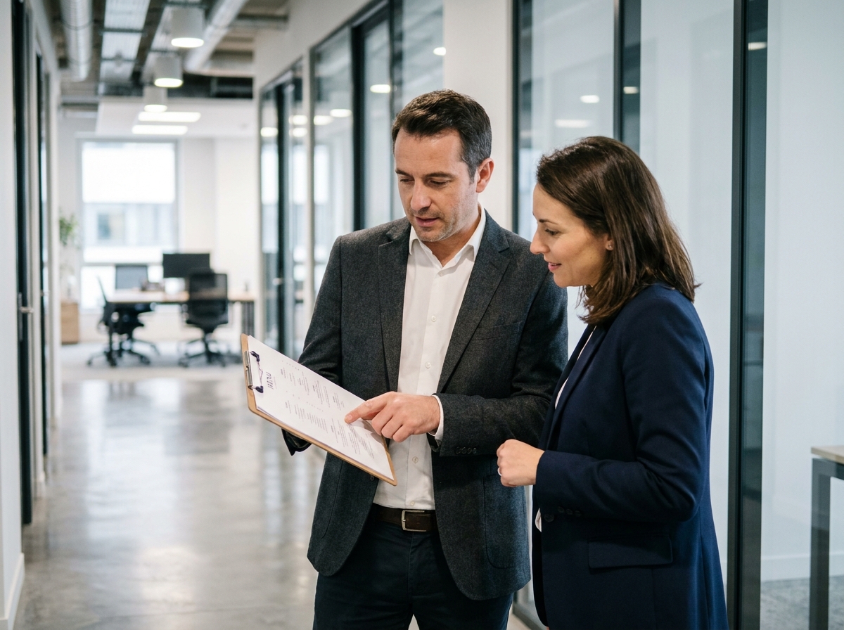 Responsable traiteur en discussion avec une office manager dans les couloirs d'une entreprise en Île-de-France