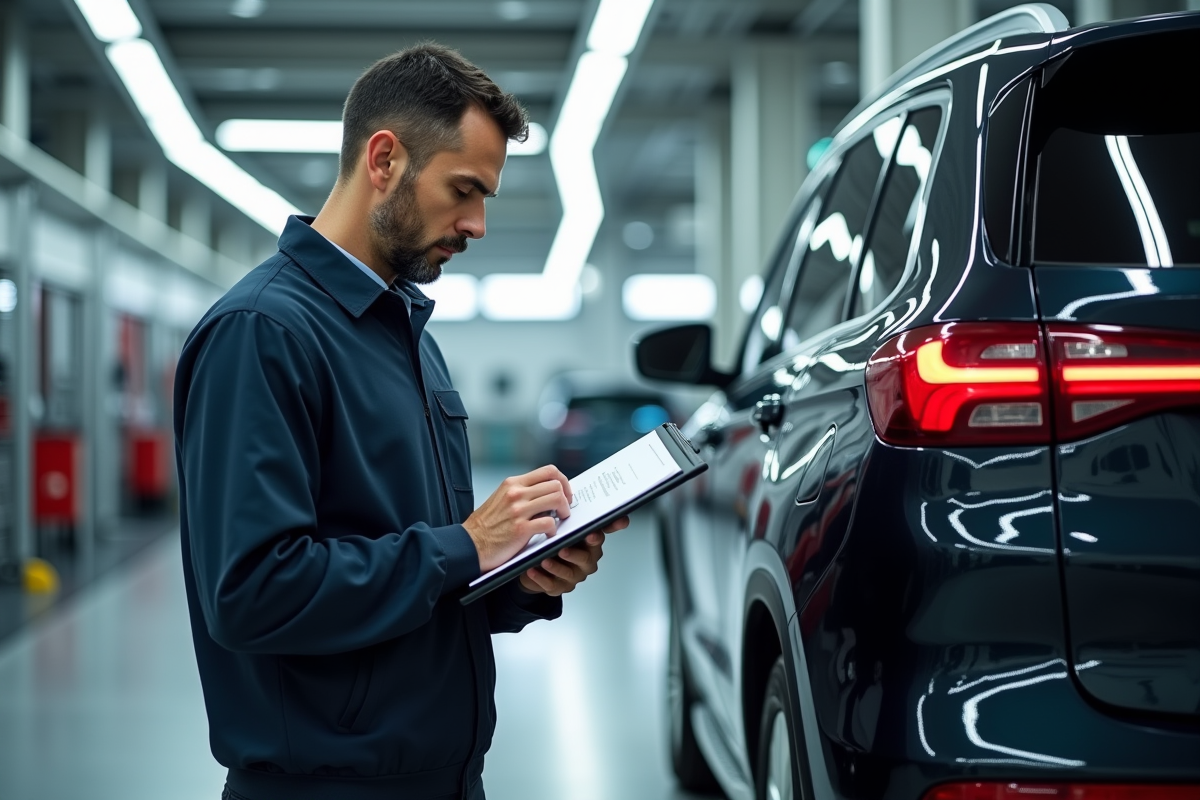 Inspecteur automobile vérifiant un SUV en atelier