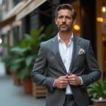 Homme en costume coton bio sur une ville animée