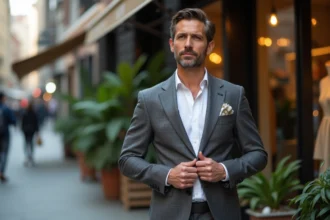 Homme en costume coton bio sur une ville animée