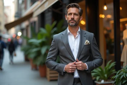 Homme en costume coton bio sur une ville animée