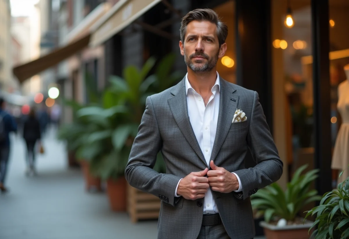 Homme en costume coton bio sur une ville animée