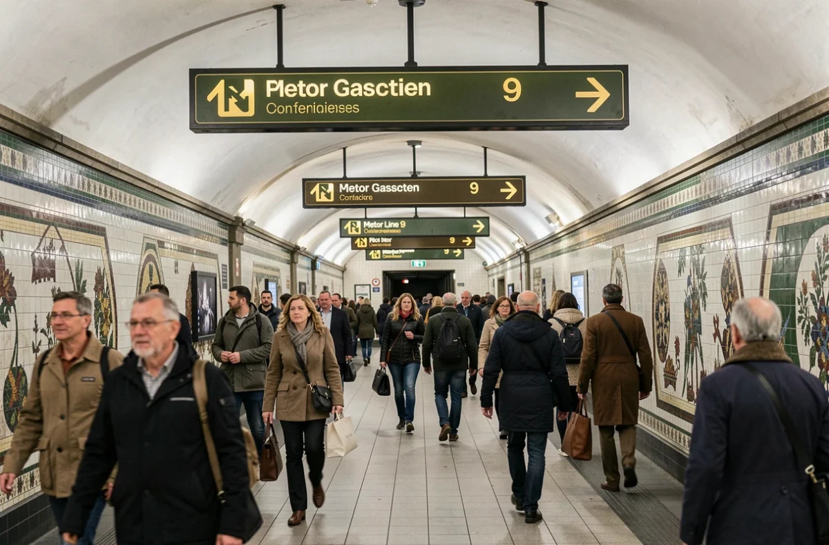 Couloir de correspondance du métro parisien avec signalétique de la ligne 9