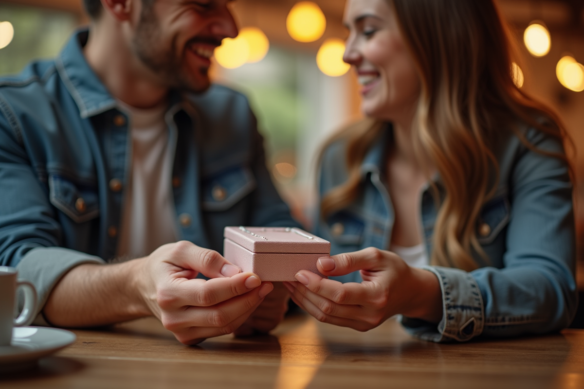 Couple échangeant un bijou dans un café en matinée