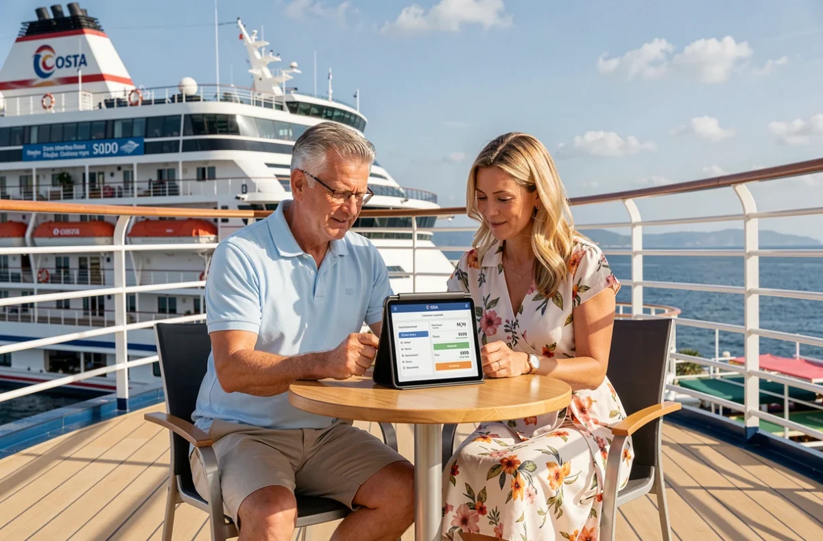 Couple comparant les offres et cabines Costa Croisières sur une tablette en terrasse sur le navire