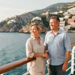 Couple de voyageurs admirant un port méditerranéen depuis le pont avant d'un grand navire de croisière