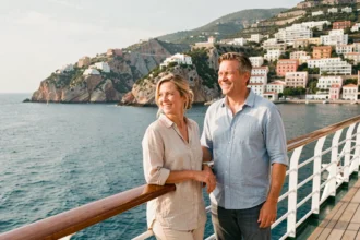 Couple de voyageurs admirant un port méditerranéen depuis le pont avant d'un grand navire de croisière