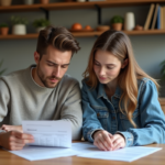 Jeune couple lisant des documents d'assurance à la maison