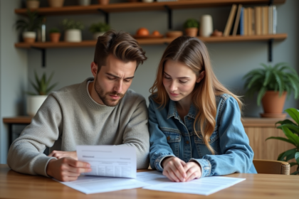 Jeune couple lisant des documents d'assurance à la maison