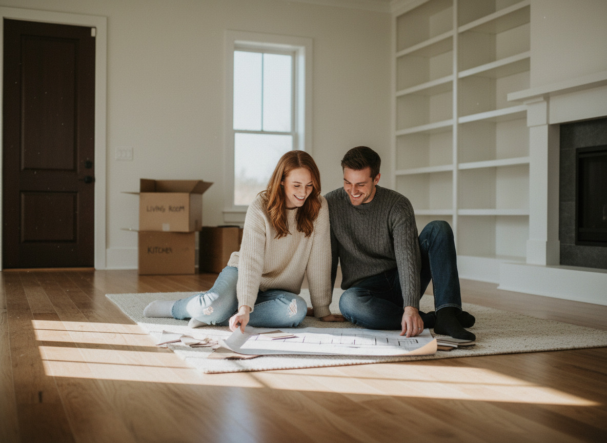 Jeune couple dans leur salon examinant des plans et échantillons