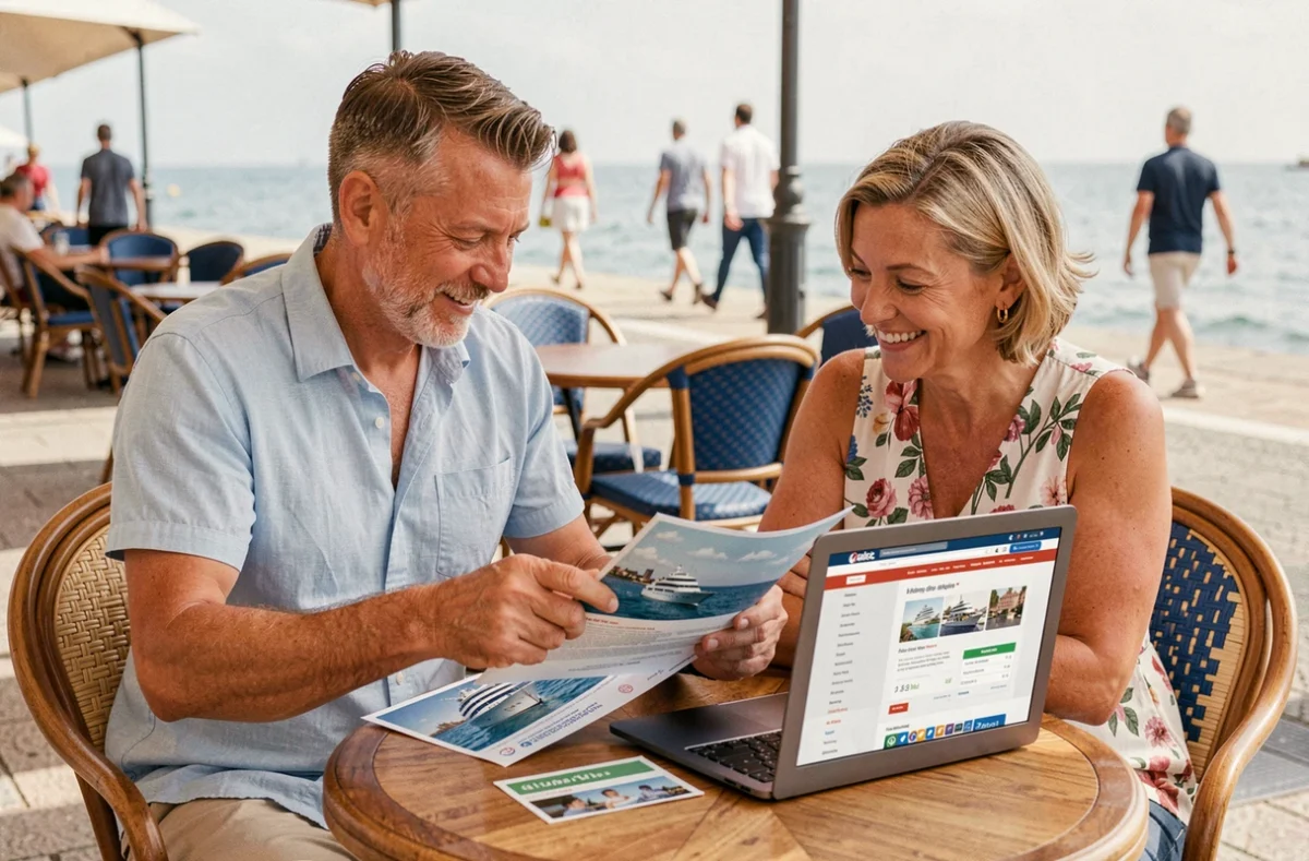 Couple consultant une brochure de croisière pas chère dans un café en bord de mer à Nice