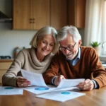 Couple senior souriant examinant papiers et assurances à la maison