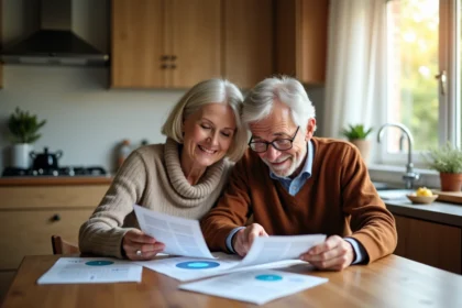 Couple senior souriant examinant papiers et assurances à la maison