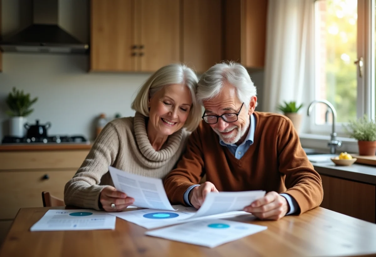 Couple senior souriant examinant papiers et assurances à la maison