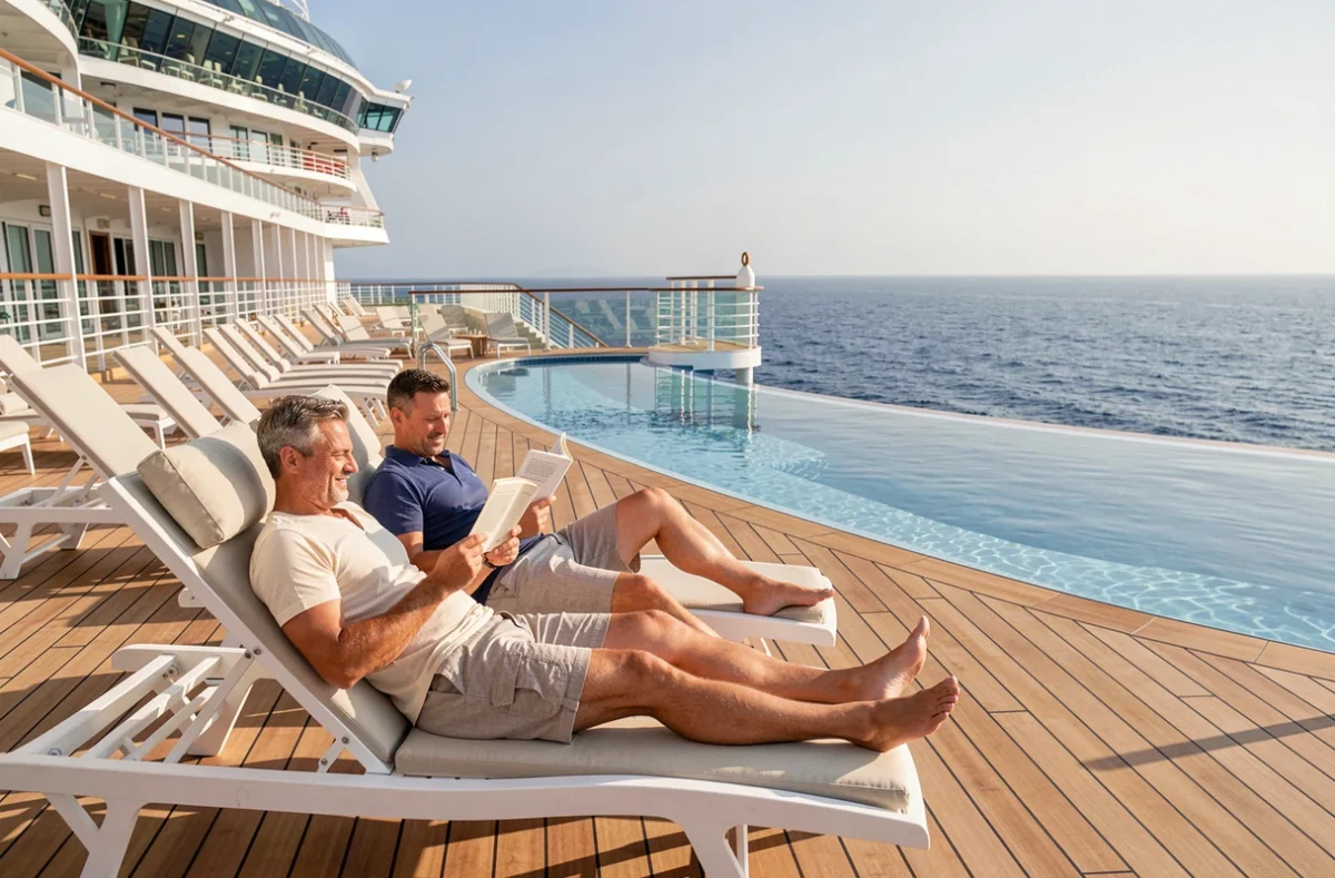 Couple se reposant sur des transats au bord de la piscine d'un navire de croisière