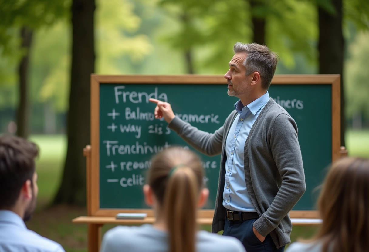 Professeur expliquant une règle de grammaire en extérieur