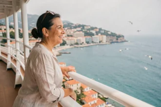 Femme souriante sur le pont d'un bateau de croisière au départ de Nice avec vue sur la côte méditerranéenne