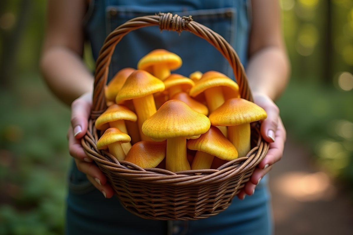 Mains tenant un panier de chanterelles fraîches