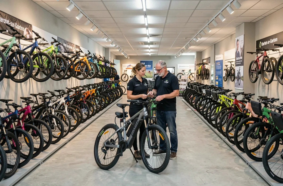 Intérieur du magasin Culture Vélo à Toulouse Portet avec une vendeuse aidant un client à choisir un vélo électrique