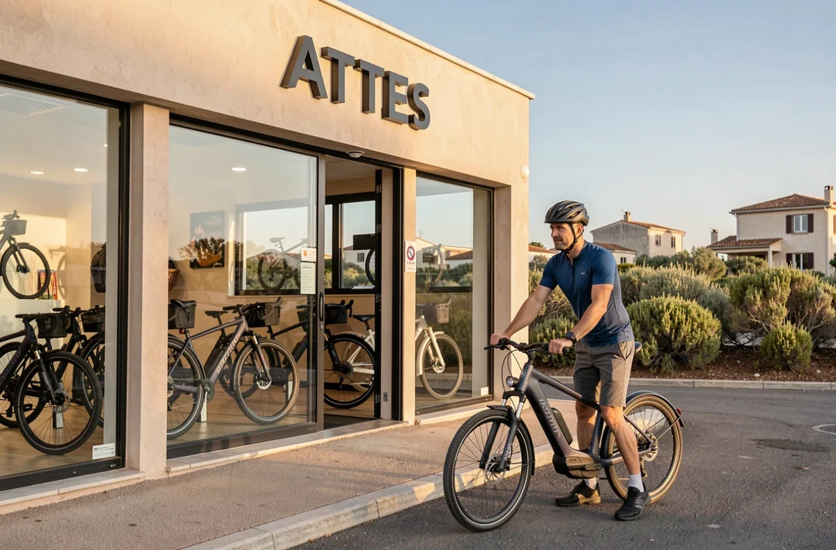 Devanture du magasin Cycles SH à Lattes près de Montpellier avec un client sortant avec son vélo électrique