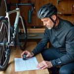 Homme cycliste vérifiant la pression du vélo dans un garage organisé