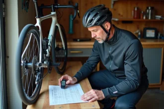 Homme cycliste vérifiant la pression du vélo dans un garage organisé