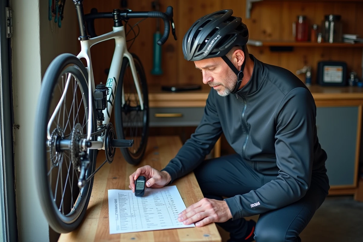Homme cycliste vérifiant la pression du vélo dans un garage organisé