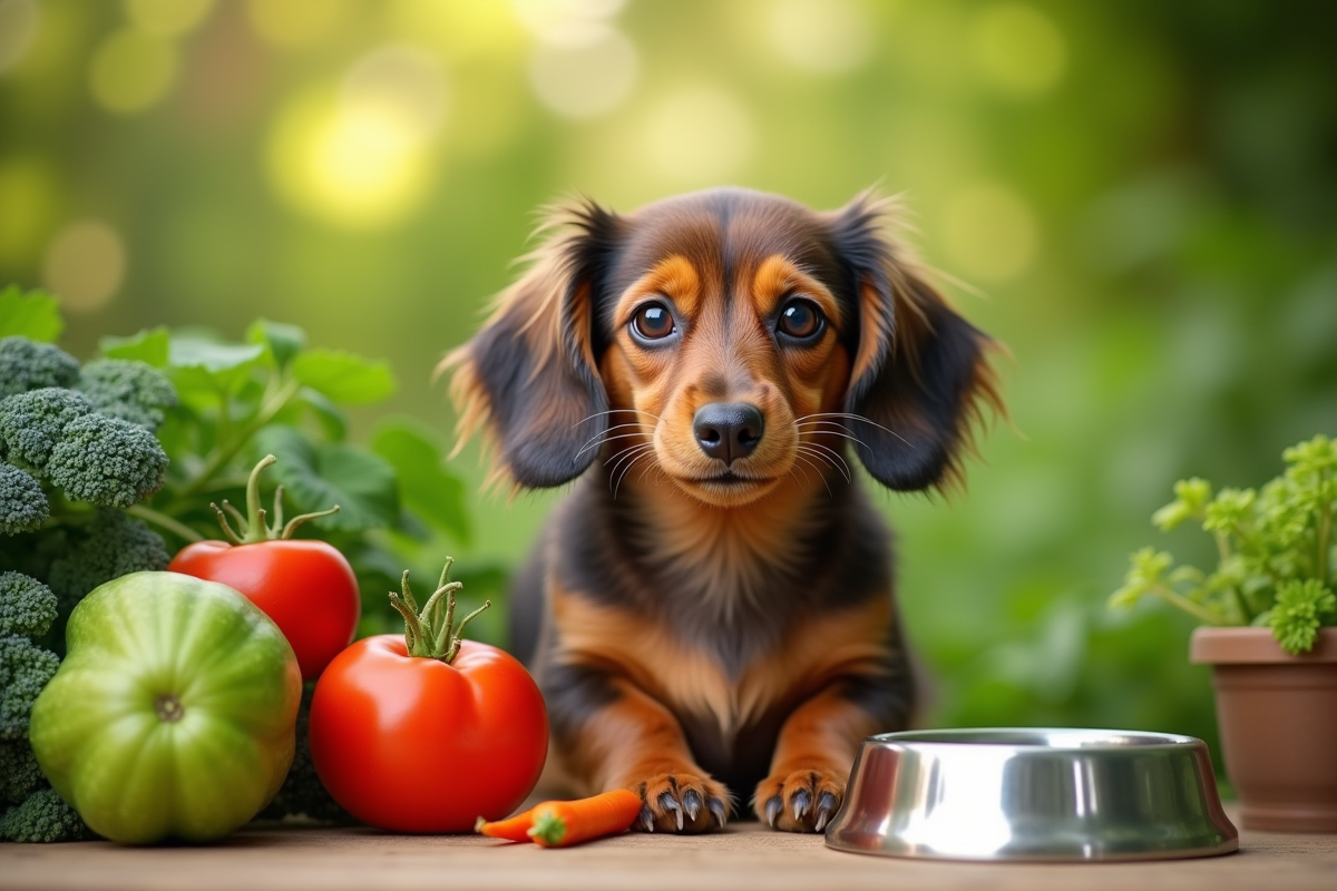 Teckel dans un jardin vert avec légumes frais et bol d