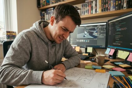 Jeune homme passionné esquissant le plan d'un niveau de jeu vidéo sur du papier millimétré dans un bureau maison avec des écrans de développement en arrière-plan