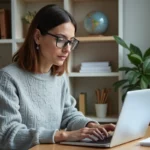 Femme effectuant des démarches administratives en ligne sur un portail gouvernemental depuis son bureau à domicile