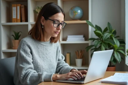 Femme effectuant des démarches administratives en ligne sur un portail gouvernemental depuis son bureau à domicile