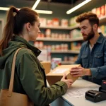 Femme déposant un colis Mondial Relay au comptoir d'un commerce de proximité avec grille tarifaire affichée