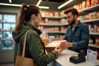 Femme déposant un colis Mondial Relay au comptoir d'un commerce de proximité avec grille tarifaire affichée