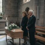 Adultes en deuil près d'un cercueil dans une église luxembourgeoise