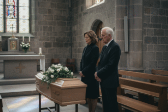 Adultes en deuil près d'un cercueil dans une église luxembourgeoise