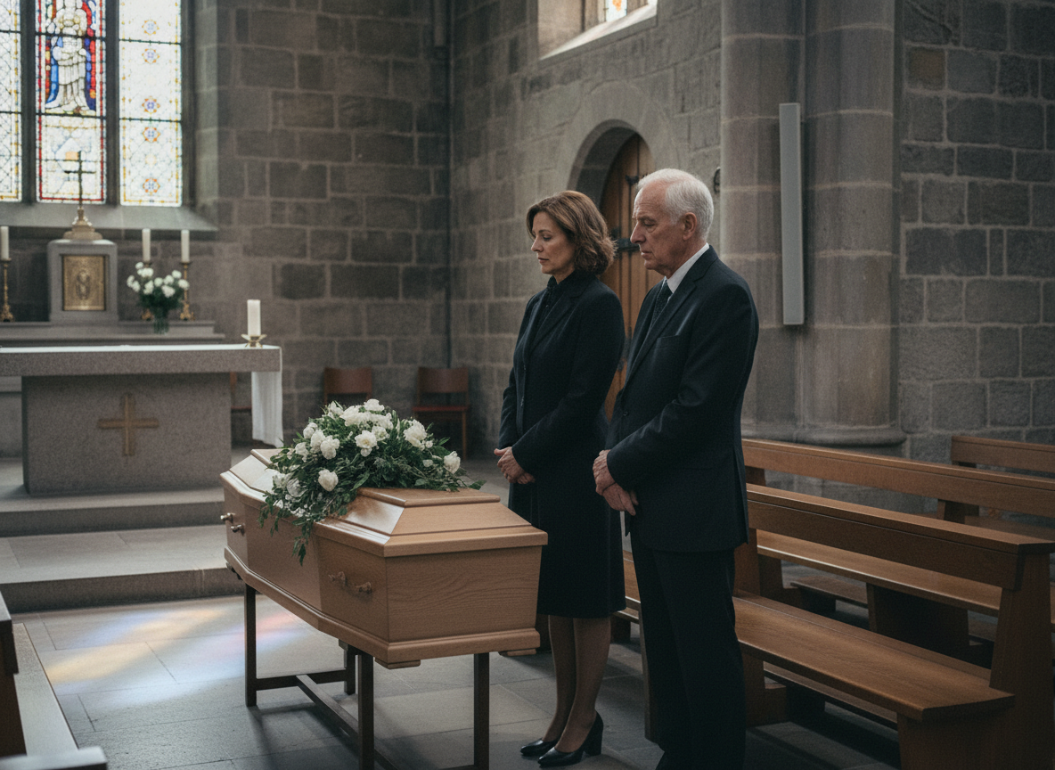 Adultes en deuil près d'un cercueil dans une église luxembourgeoise