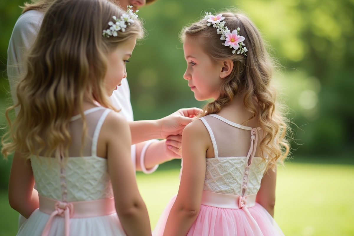 Deux petites filles en robes pastel ajustant une coiffure florale dehors