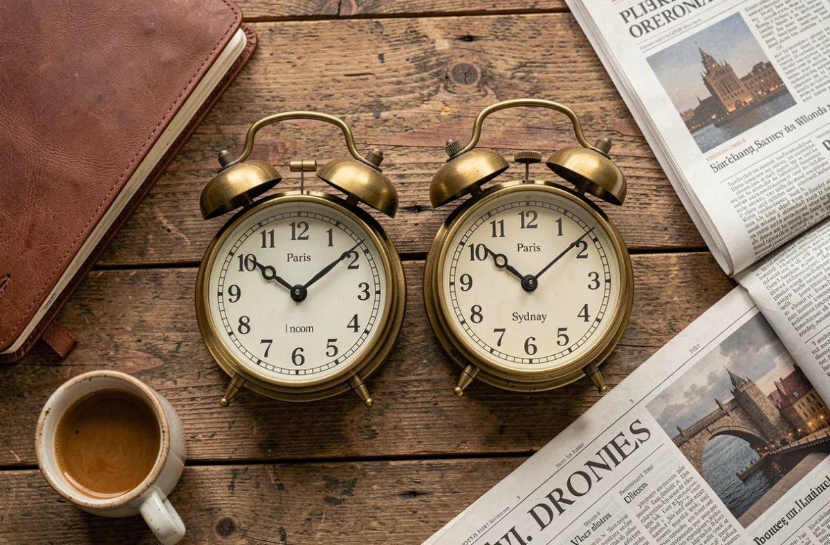 Deux horloges analogiques montrant l'heure de Paris et Sydney posées sur un bureau en chêne avec agenda et café